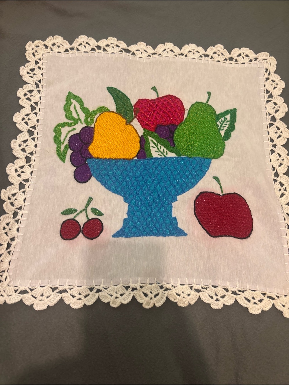 Embroidered Linen Fruit Bowl Doily - Blue Bowl with Multicolor Fruit package